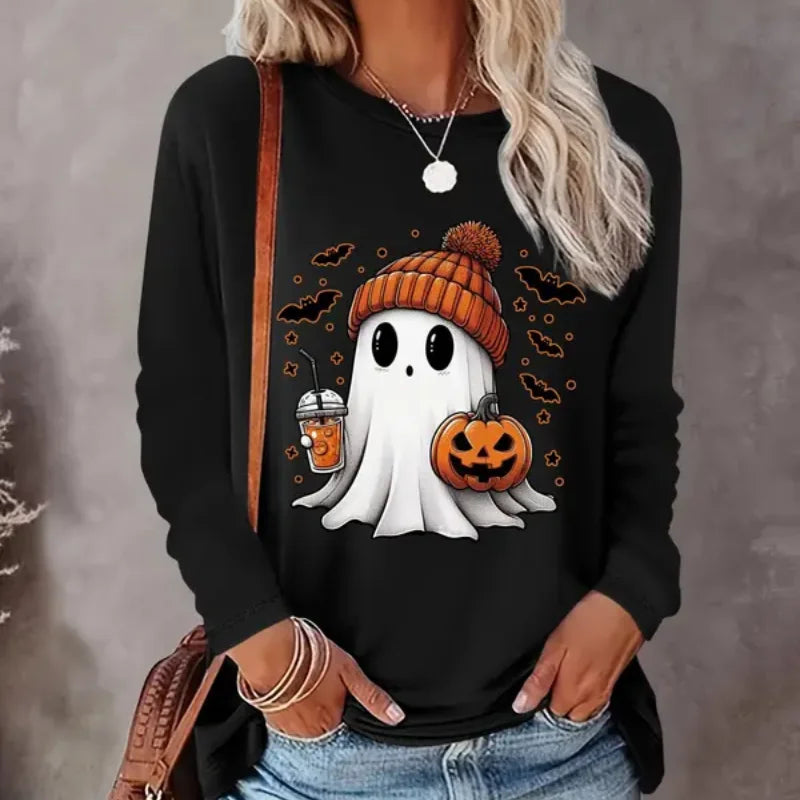 Casual Ghost Print Halloween Sweatshirt For Women Round Neck Pullover