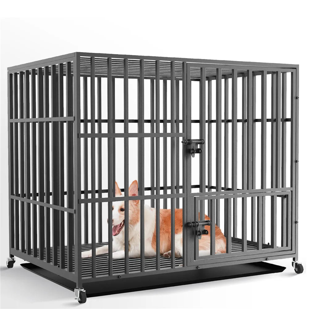 Bingopaw Heavy Duty Metal Dog Crate With 3 Doors Wheels Tray