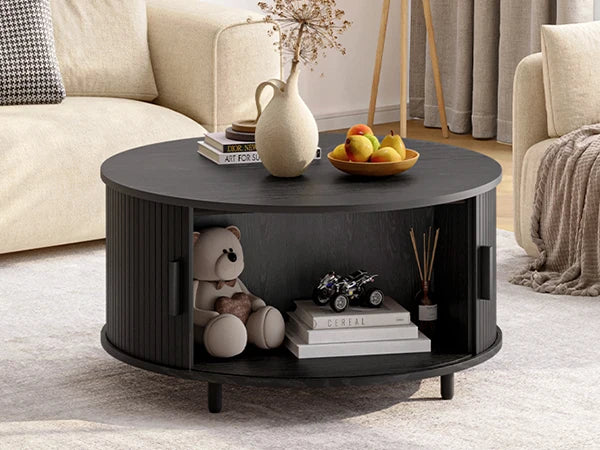 Round Coffee Table With Storage And Fluted Wood Accent