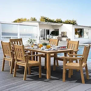HIPS Patio Table Set: 7 Piece Outdoor Table and Chairs Dining Furniture Set with Umbrella Hole - Black Modern Plastic Dining Se