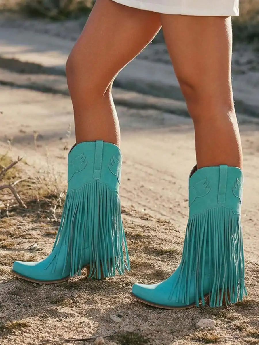 Green Fringe Western Cowgirl Boots Women Slip-On Pointed Toe Chunky Heel Mid Calf Retro Festival Boots