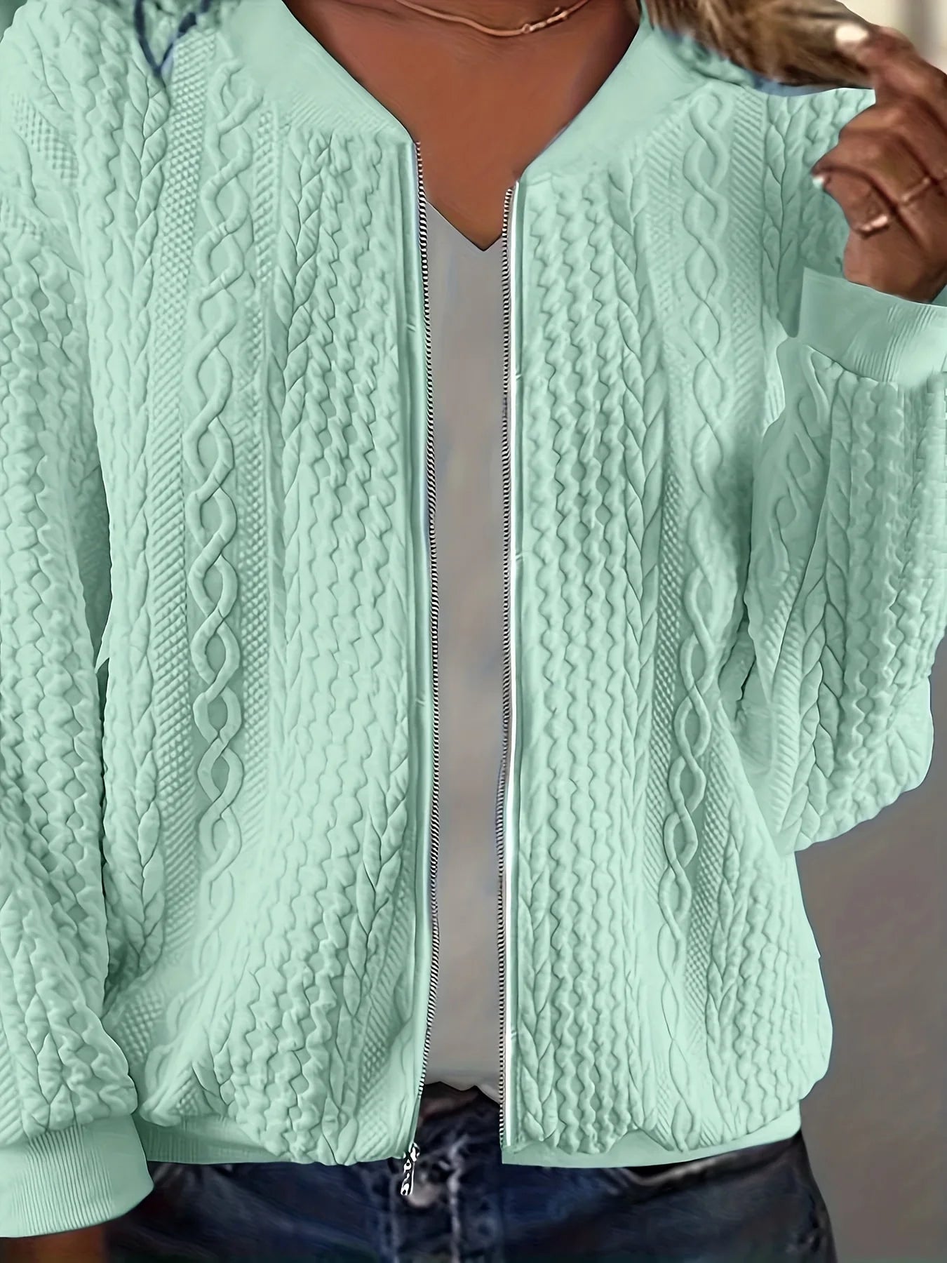 Plus size women's cable knit V-neck zip-up short jacket loose zip long sleeve pocket slimming daily commute cardigan top