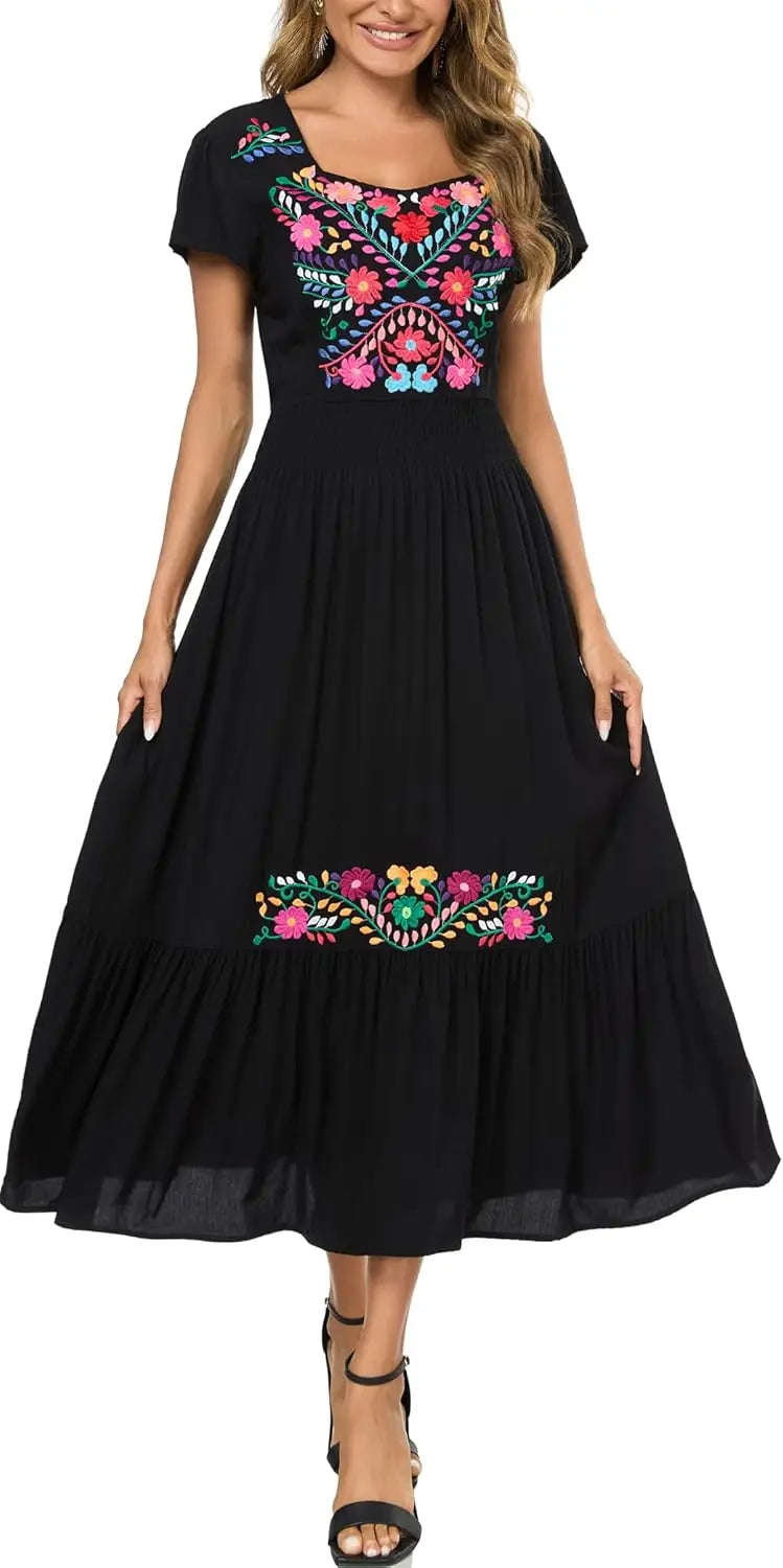 Floral Embroidered Maxi Dress For Women, Round Neck, Short Sleeve