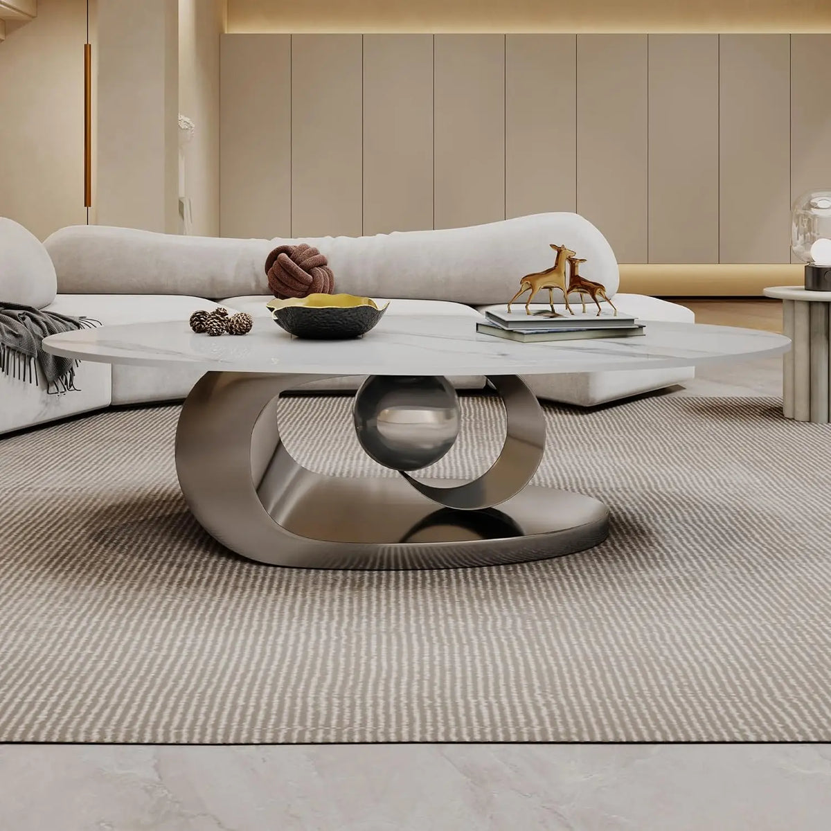 Modern Oval Coffee Table With Stainless Steel Pedestal And Top