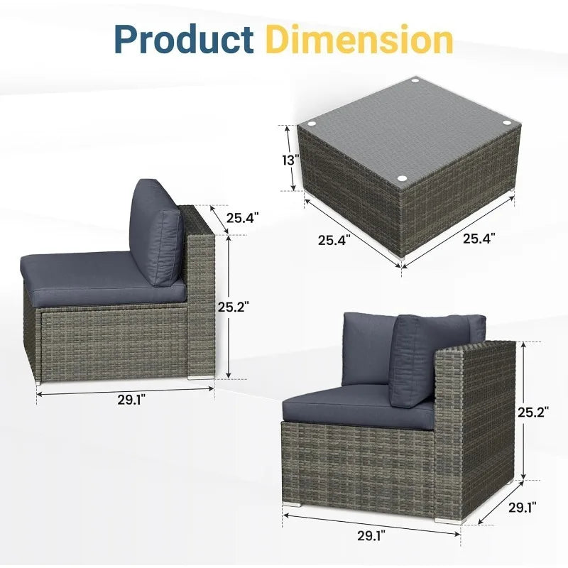 All Weather Patio Set With Wicker Sectional Sofa Glass Table