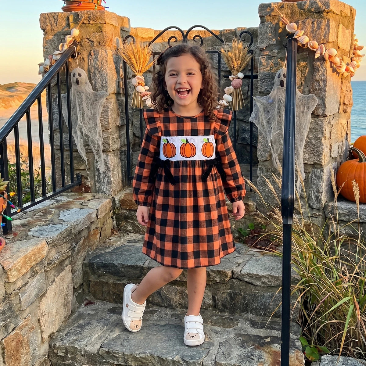 Pudcoco Toddler Girl Halloween Plaid Long Sleeve Dress