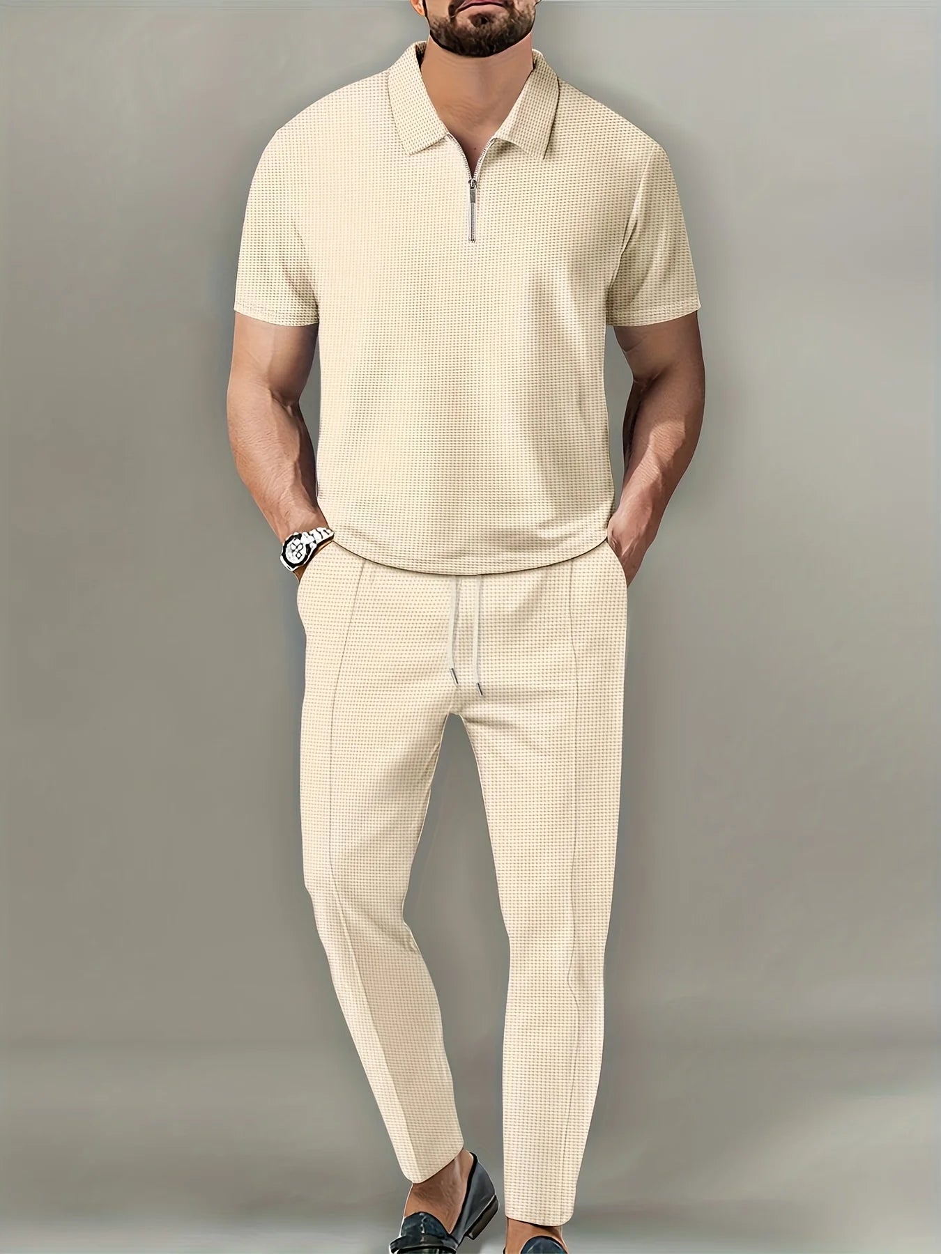 New Men's Solid Color Suit Waffle Lapel Short-sleeved Zipper Long Pants Set - The Best Choice For Casual Wea