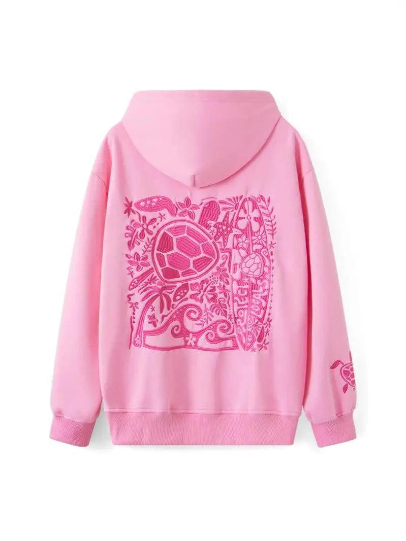 Women Embroidered Ocean Pattern Hoodie With Turtle Embroidery