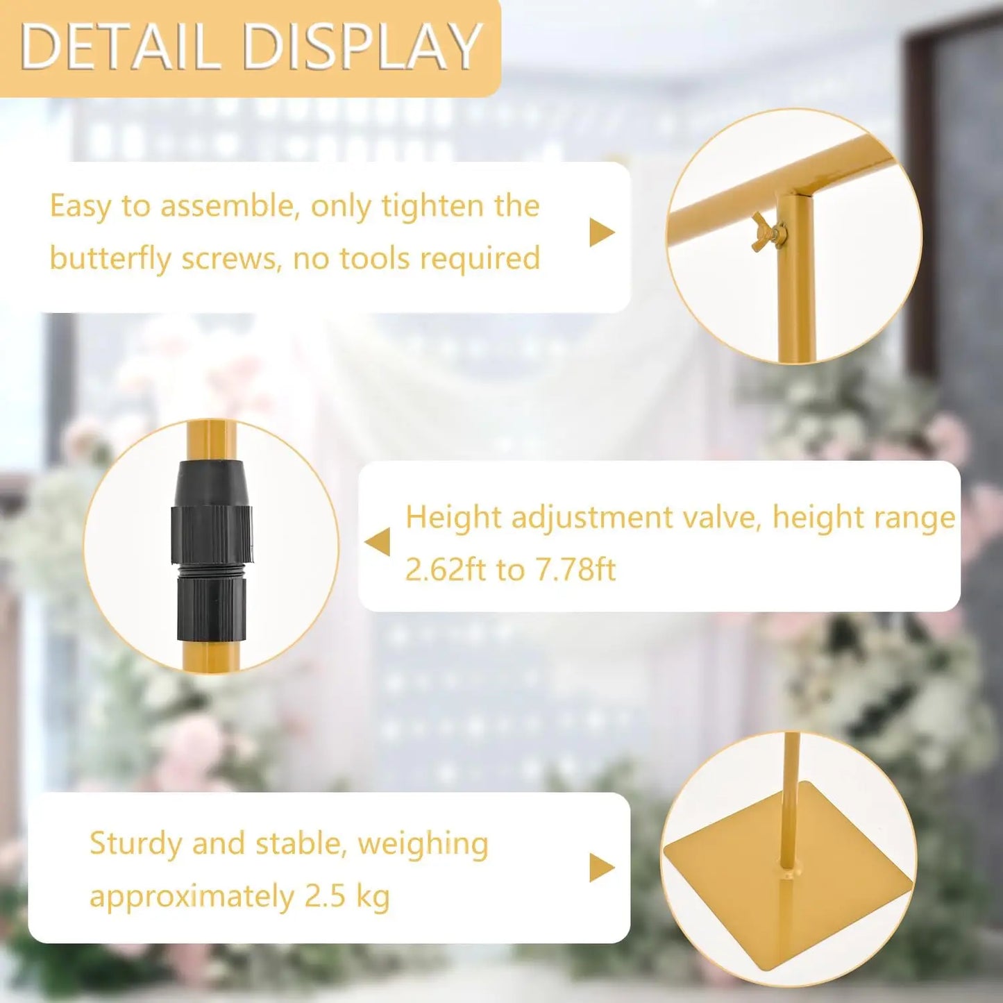 4pcs Gold 8FT Backdrop Stand for Wedding Adjustable Duty Metal Background Stand Decor for Birthday Party Baby Shower