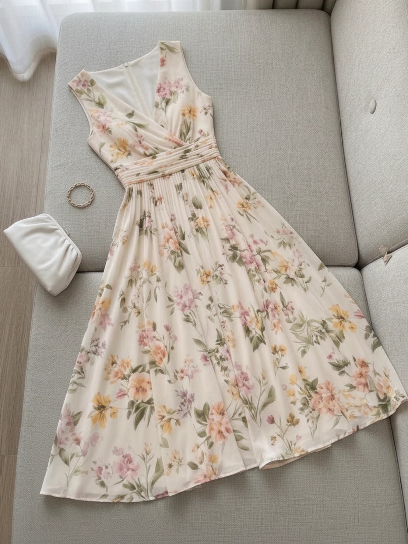 Sleeveless Floral Print Midi Dress For Women Wrap V Neck Ruched High Waist Pleated Swing A Line Summer Holiday Dress