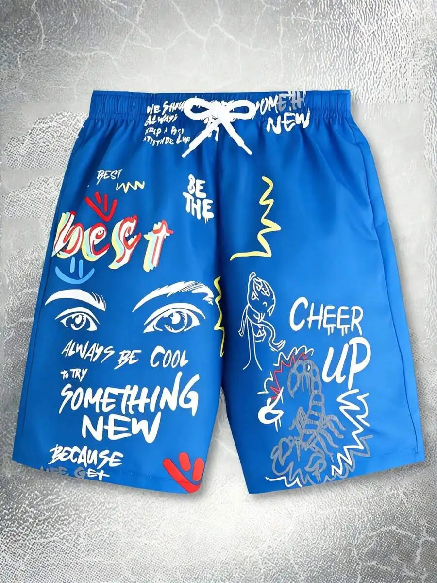 Mens Graphic Print Beach Shorts Orange Elastic Waist Swim Trunks Motivational Quote Casual Summer Wear