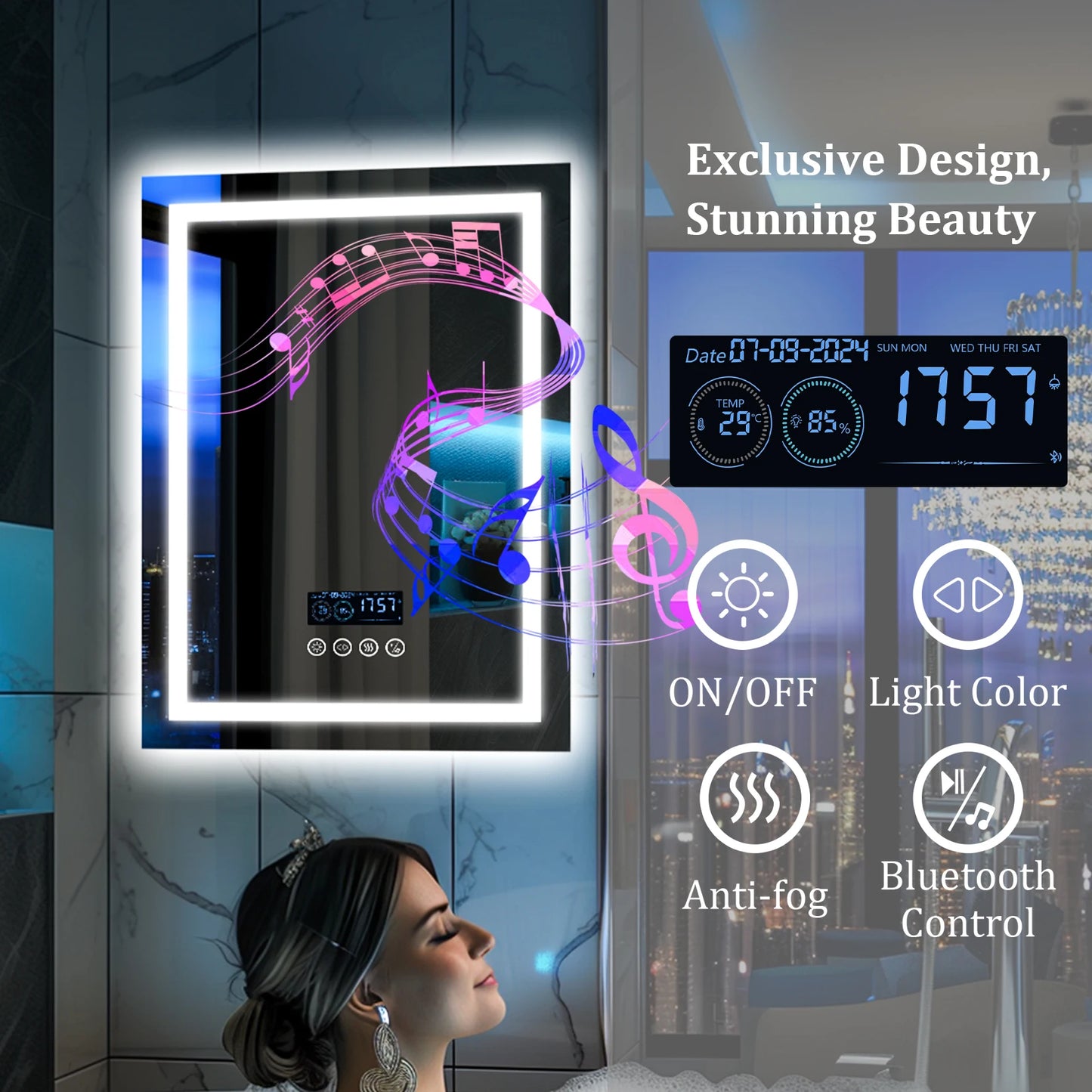 Wisfor Smart Led Bathroom Vanity Mirror Bluetooth Speaker Antifog Dimming