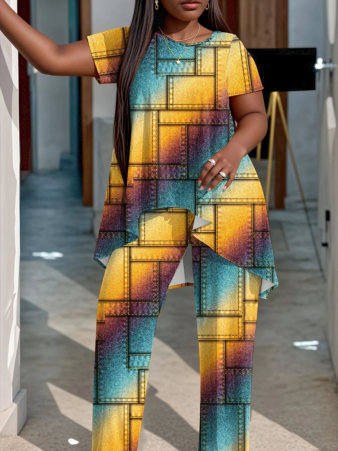 Faux Denim Print Top With Asymmetric Hem Crew Neck Shirt