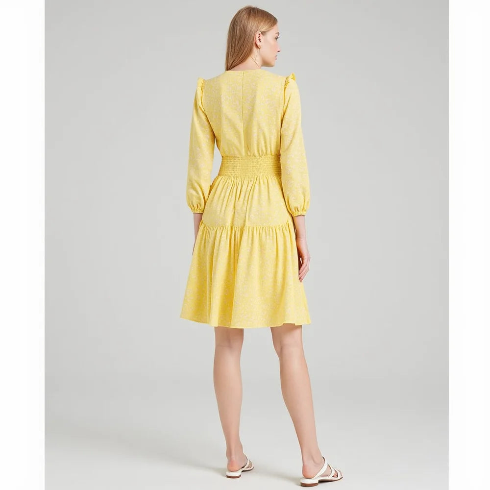 Romantic Style Women Summer V Neck Flutter Sleeve Drawstring Tiered Swing Midi Dress