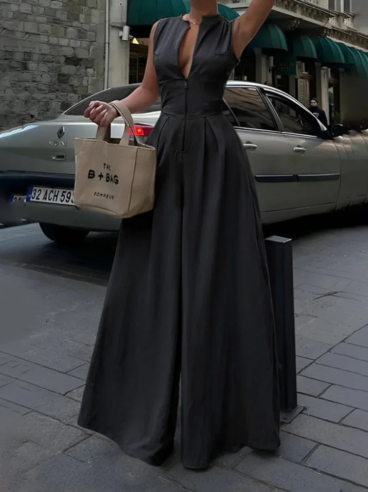 OSHOPLIVECN Office Lady Jumpsuit For Summer Solid Color V Neck