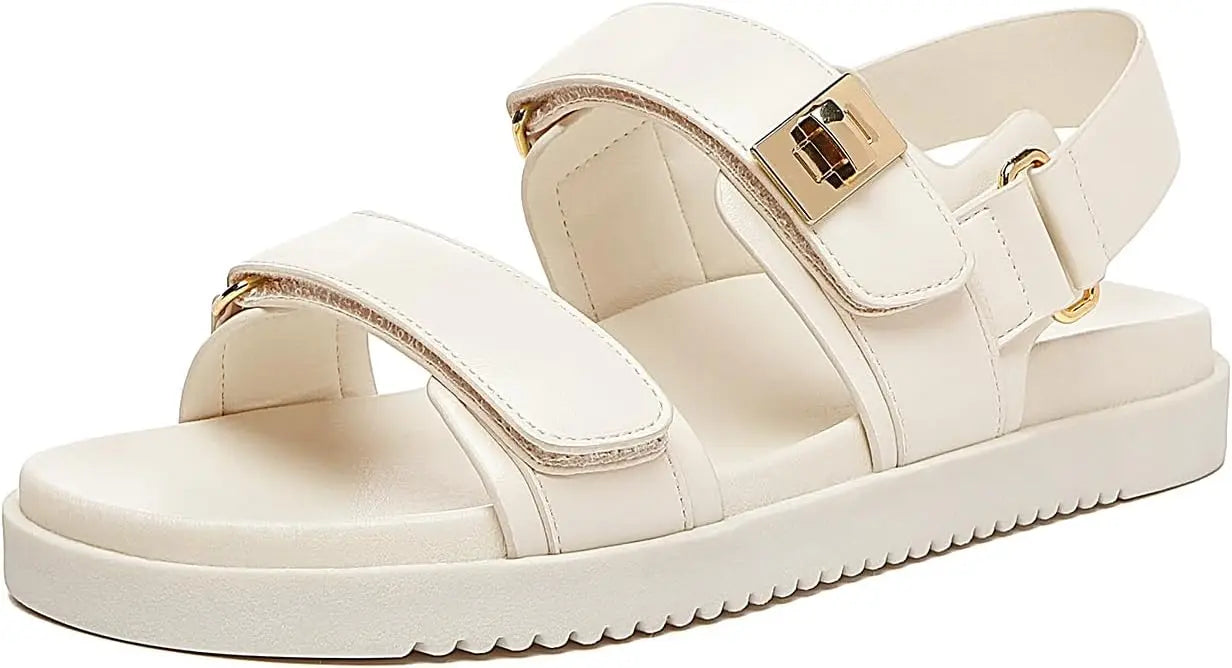 Women's Flat Sandals Comfort Adjustable Double Strap Slip on Leather Footbed Sandals shoes for women