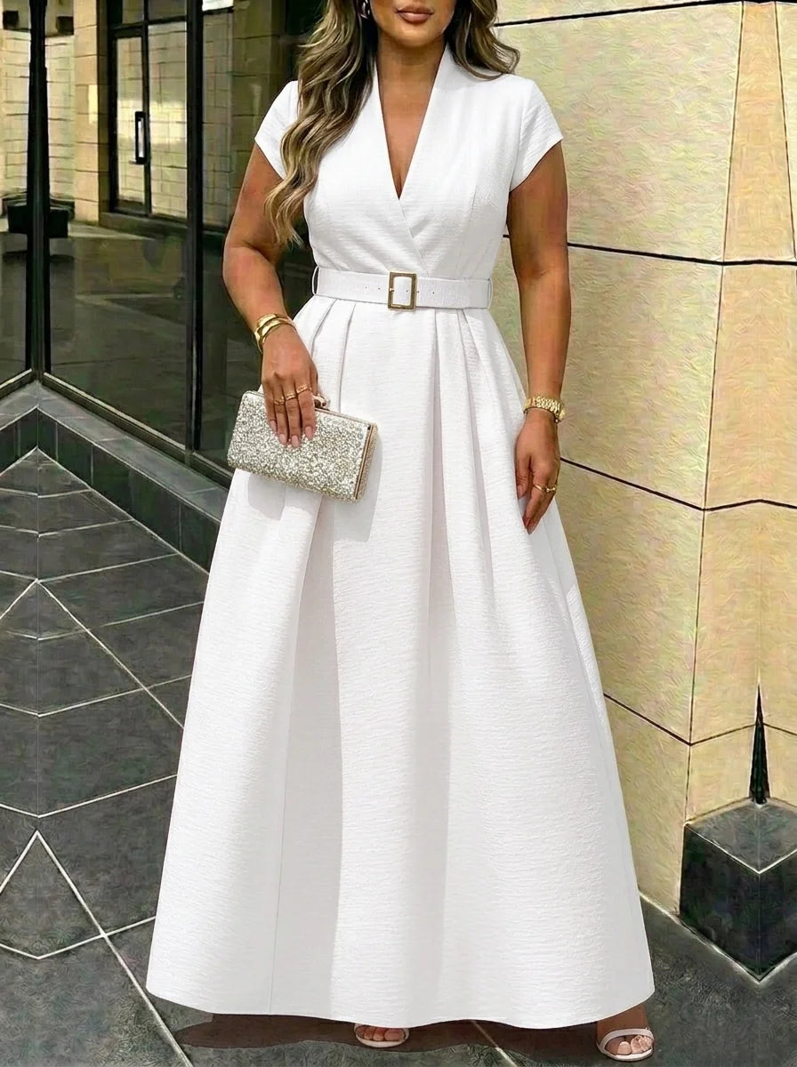Classy Style Women Summer Lapel Short Sleeve Wrap Belted Pleated Swing Maxi Gown Dress