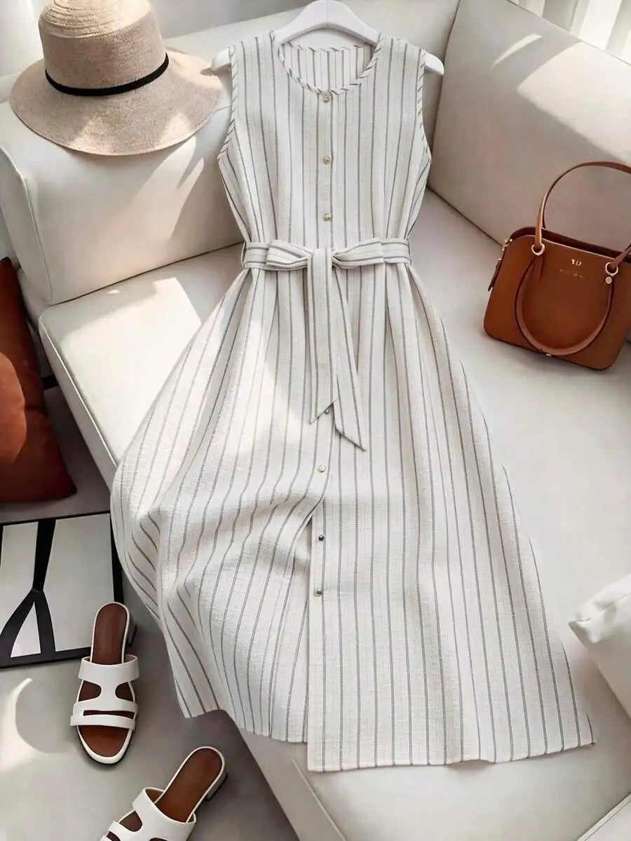 Sleeveless Single-Breasted Burgundy Casual Dress With Belt