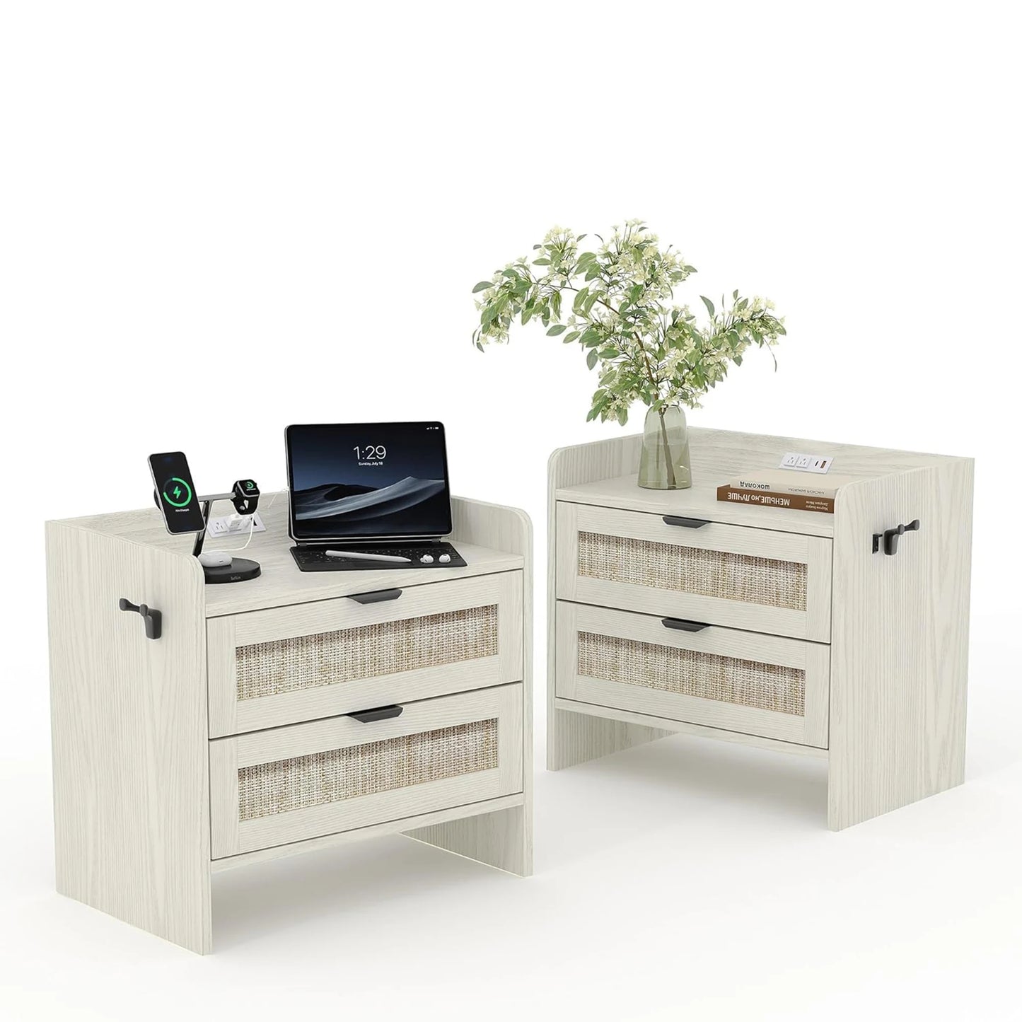 Modern Rattan Nightstand Set Of 2 With Charging Station & Drawers, Bedside Table With Usb/Type-C Ports, Storage Side Table