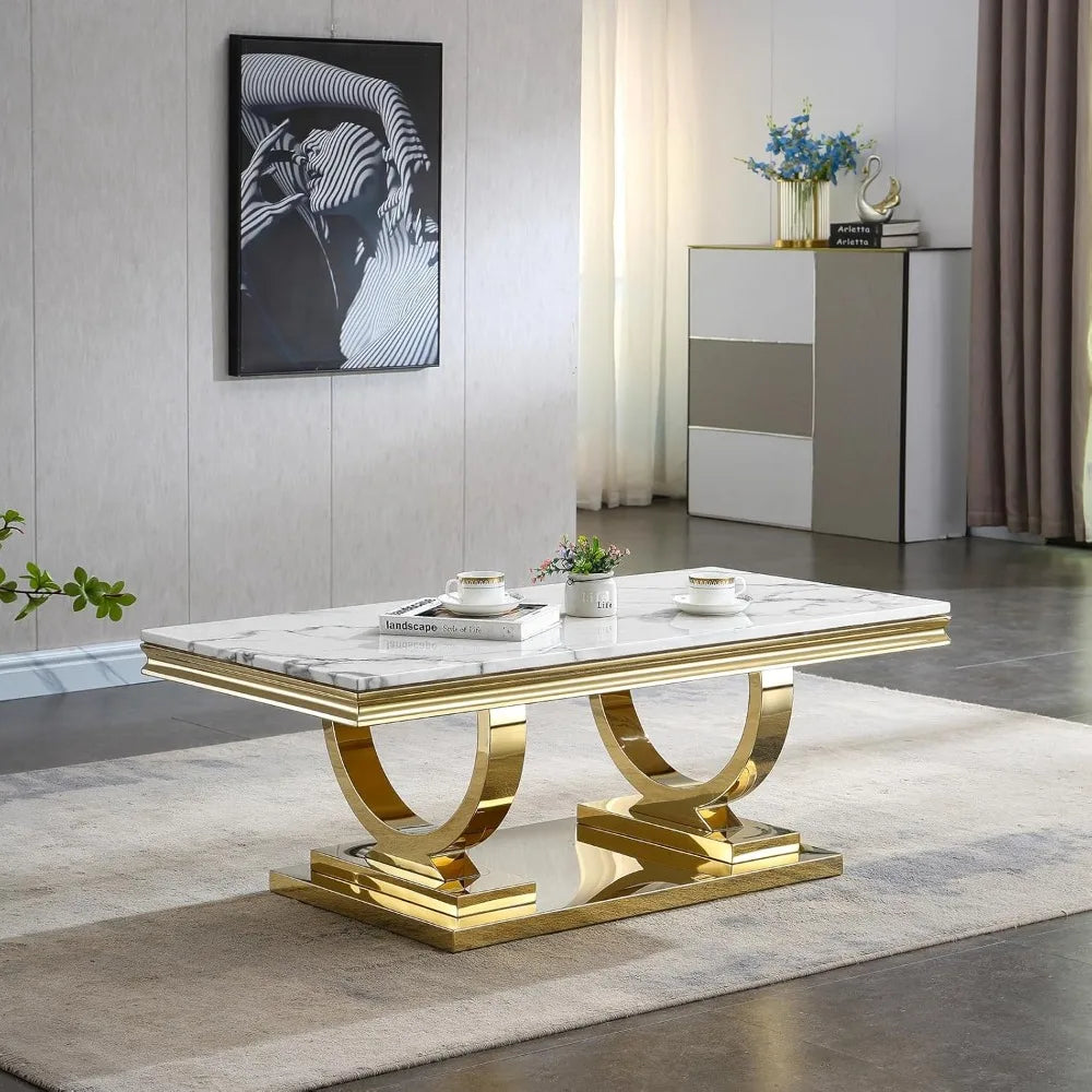 Modern Marble Coffee Table with U-Shape Stainless Steel Base
