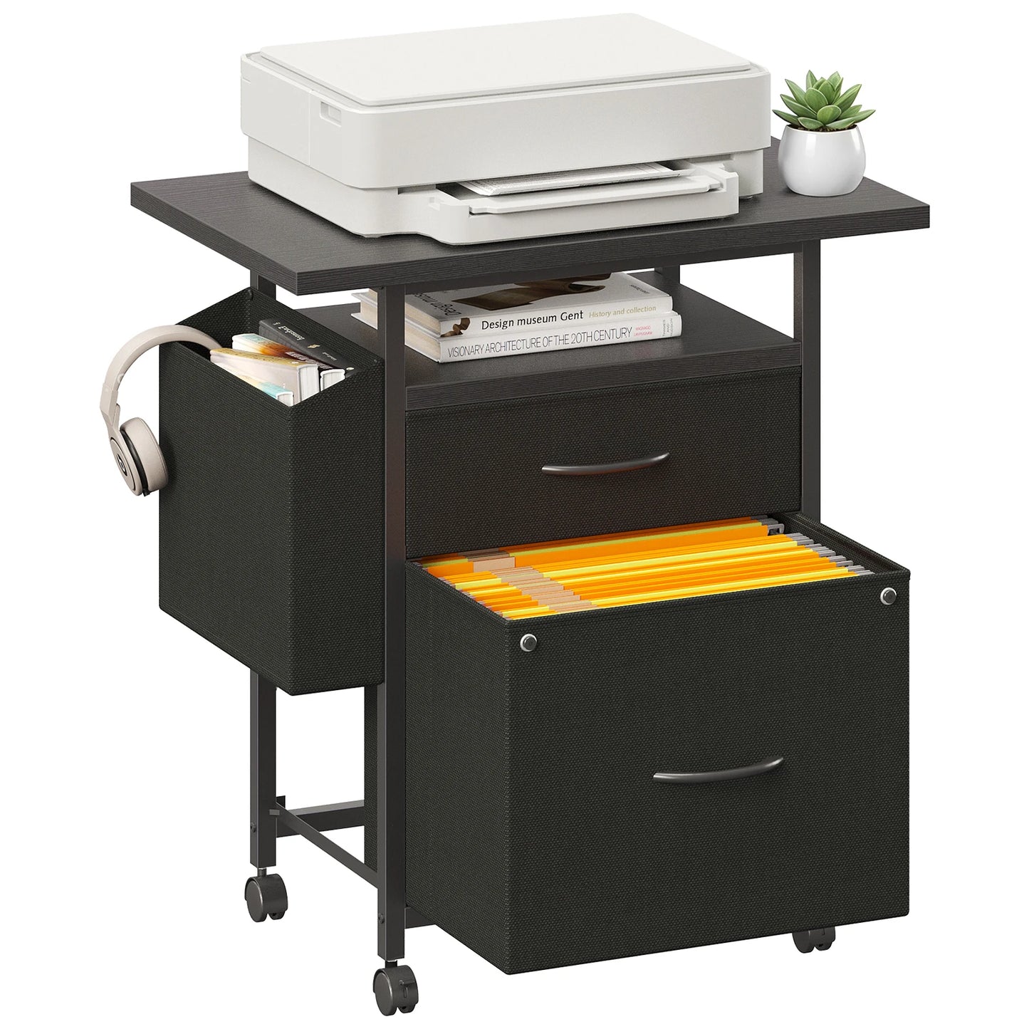 JHK Mobile File Cabinet with 2 Fabric Drawers Printer Stand with Open Shelf & Side Storage Bag Under Desk Office Storage Cabinet with Wheels Rolling Filing Cabinet for A4/Letter Size Files
