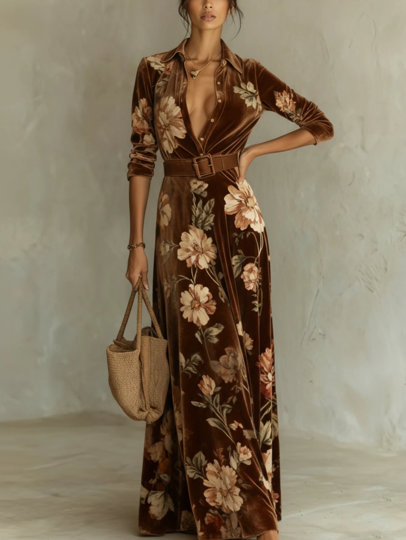 Women Lapel Collar Long Sleeve Floral Print Maxi Dress Waist‑Defined Flared Hem Long Gown For Holiday Formal Occasion