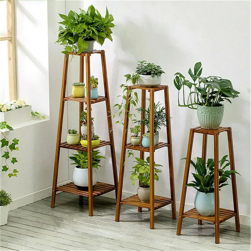 Tiered Bamboo Plant Pot Holder Tall Plant Display Shelf Flower Stand Indoor