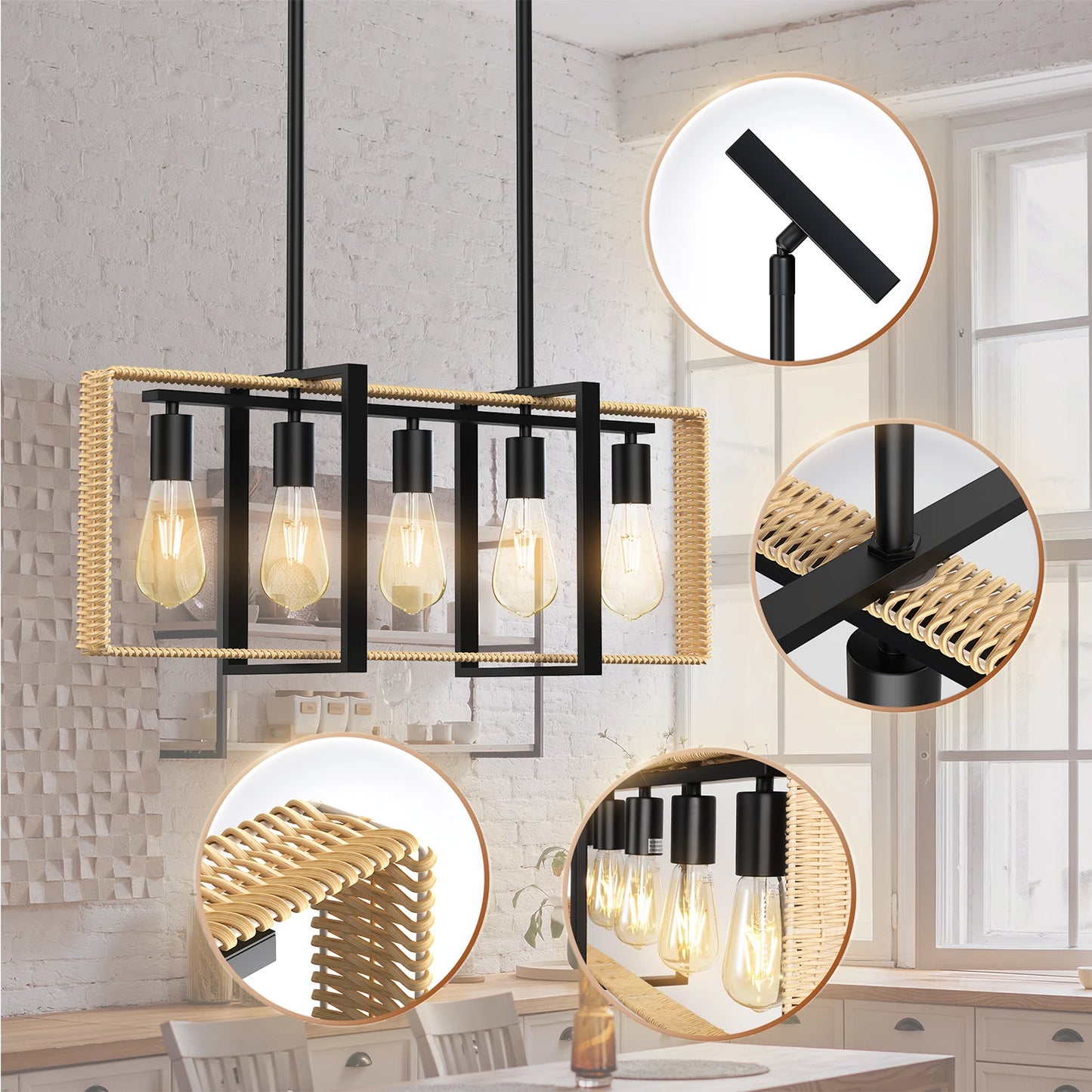 TWISTER.CK 5-Light Rattan Ceiling Pendant Farmhouse Lighting