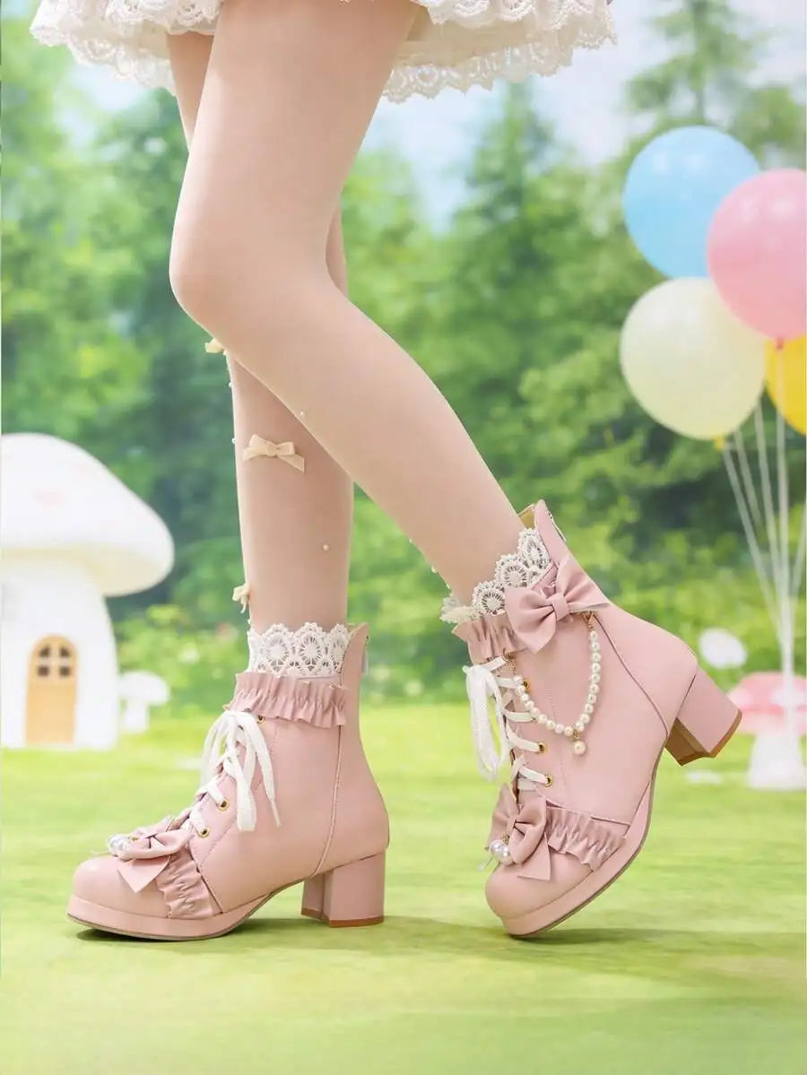 Women Pink Kawaii Lolita Boots Chunky Mid Heel Ankle Lace Up With Bow Pearl Ruffle Platform
