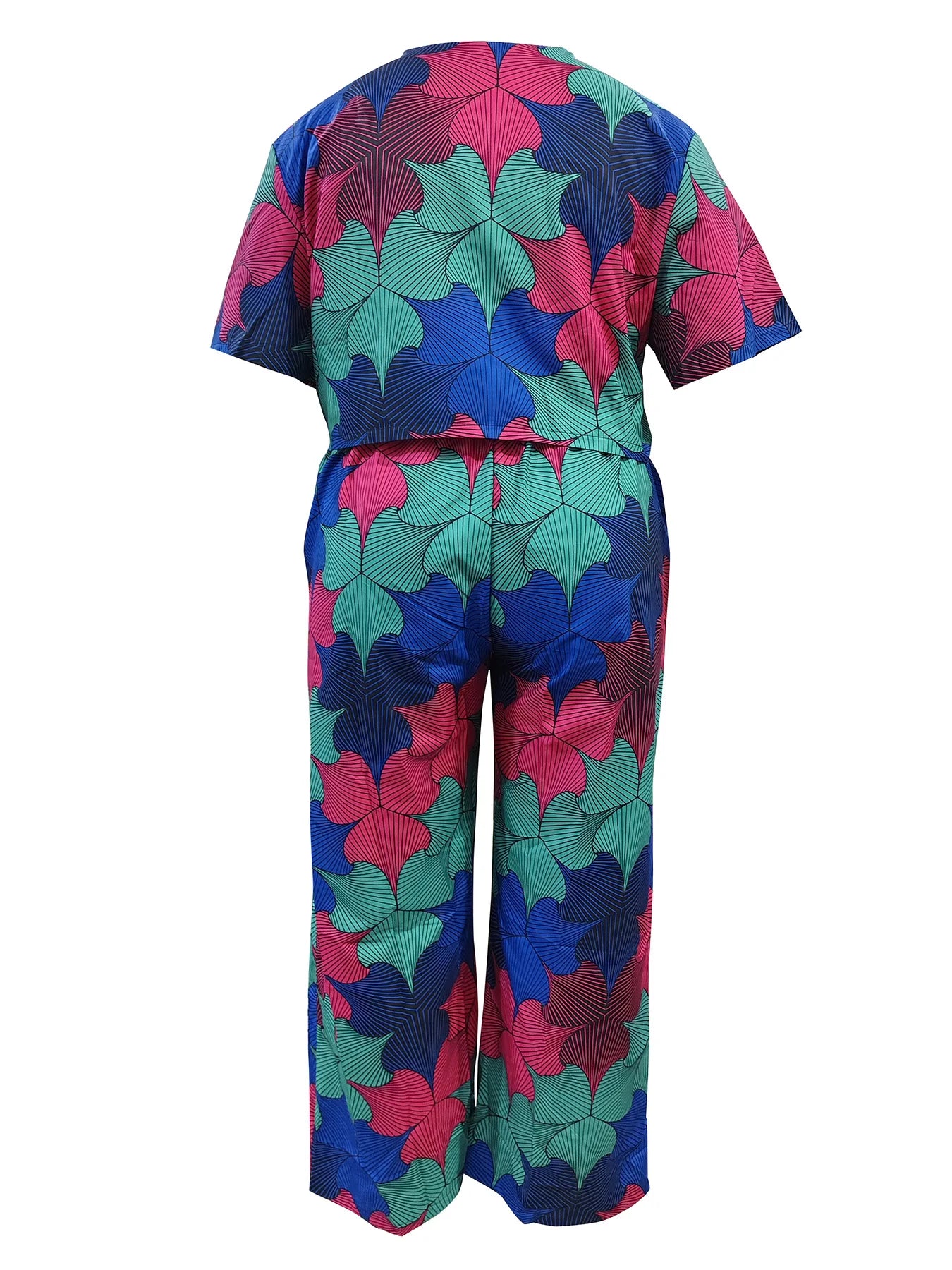 Floral Printed Two Piece Set For Women Polyester V Neck Top And Pants