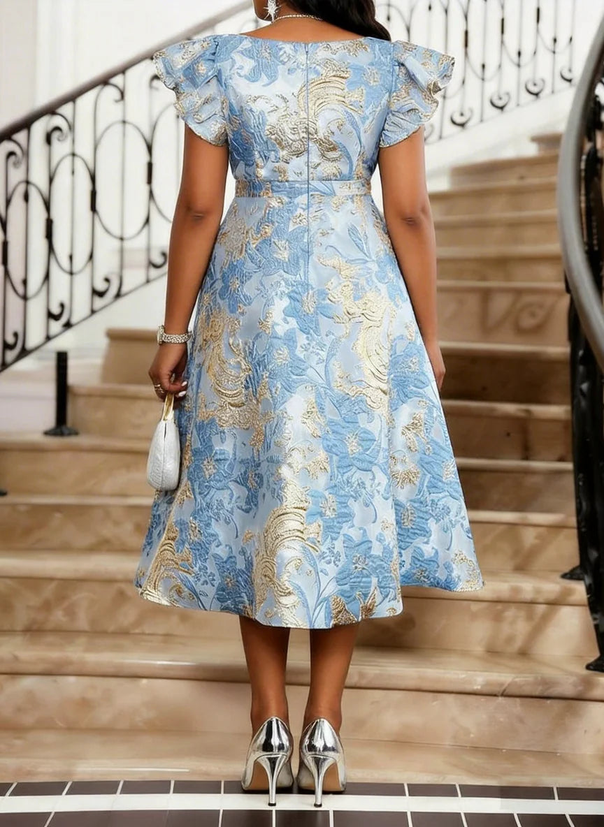Plus Size Round Neck Ruffle Short Sleeve Printed Midi Flare Dress For Women Wedding Guest Daily Elegant Party Occasions