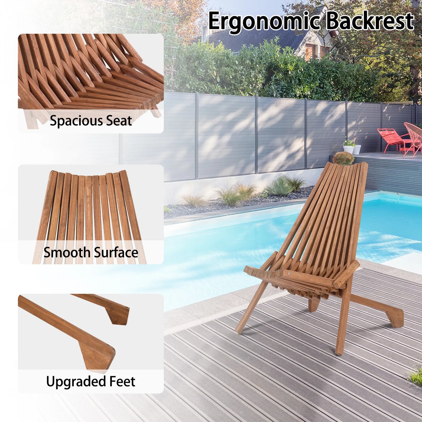 Wood Folding Chair for Outdoor, Low Profile Acacia Wood Lounge Chair for Balcony Porch Backyard Patio Lawn Garden