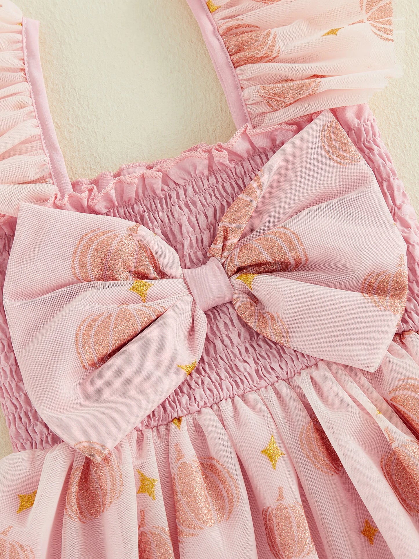 Toddler Halloween Dress With Tulle Flying Sleeves Bow Pumpkin Decor