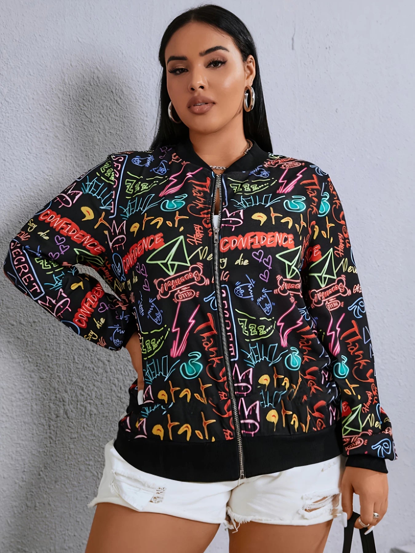 Plus size women's colorful neon graffiti print baseball jacket zipper street style casual slimming stand collar jacket coat