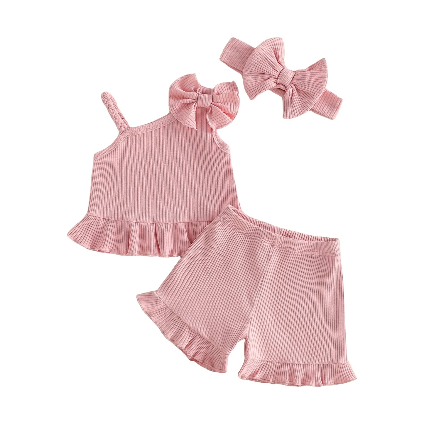 Adorable Toddler Girl s Summer Ensemble with Bow Detail Ribbed Sleeveless Top Ruffle Shorts and Matching Headband - 3 Piece