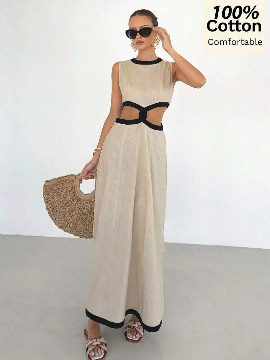 Cotton Sleeveless Color Block Hollow Out Dress With High Waist