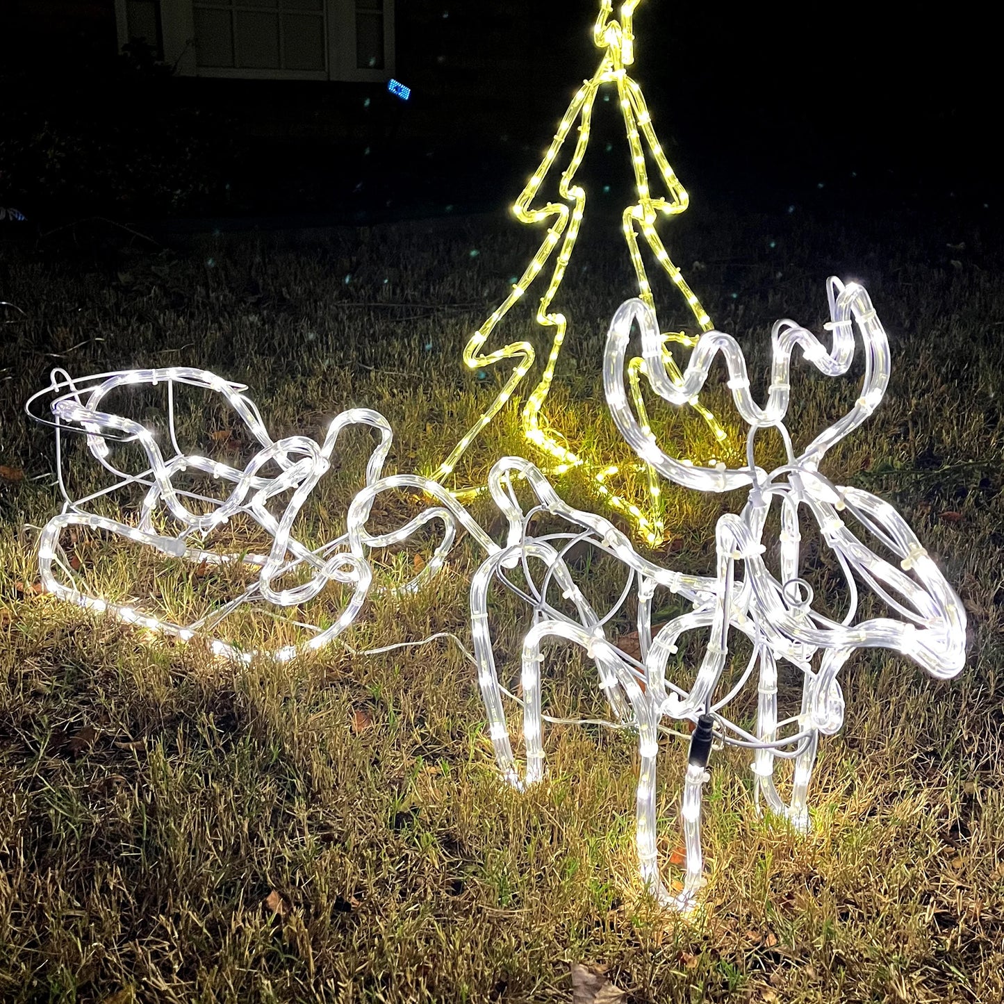 Christmas Reindeer and Sleigh with LED Motif Warm White Lighting, Indoor Outdoor Steel Frame Yard Decoration