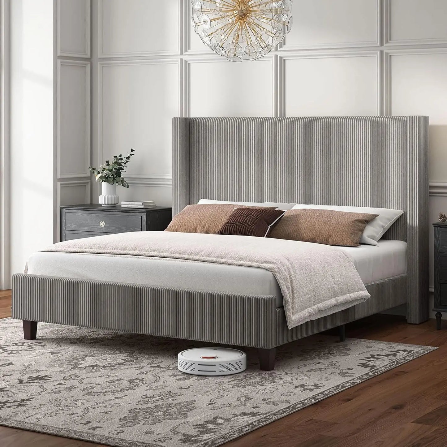 Queen Size Bed Frame with 50.8" Tall Wingback Headboard, Modern Corduroy Upholstered Platform Bed Frame with Solid, Customized