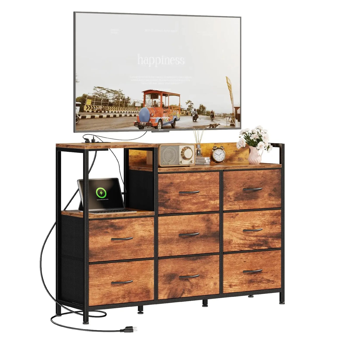 MCQ 8 Fabric Drawers And1 Open Space Cabinets Metal Frame Bedside End Table Storage With Charging Station for Home Furniture
