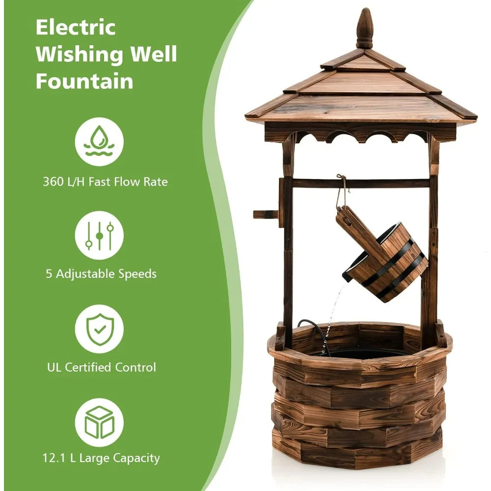 Rustic Wishing Well Fountain, Outdoor Wooden Water Fountain with Electric Pump, 5 Adjustable Water Flow Rates, Water Bucket, Fr