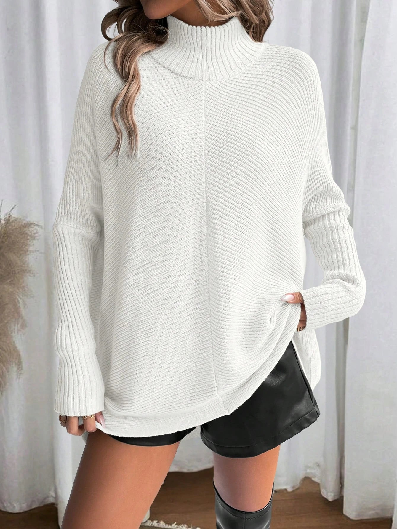 Cakulo Women Knit Turtleneck Sweater Long Sleeve Irregular Hem