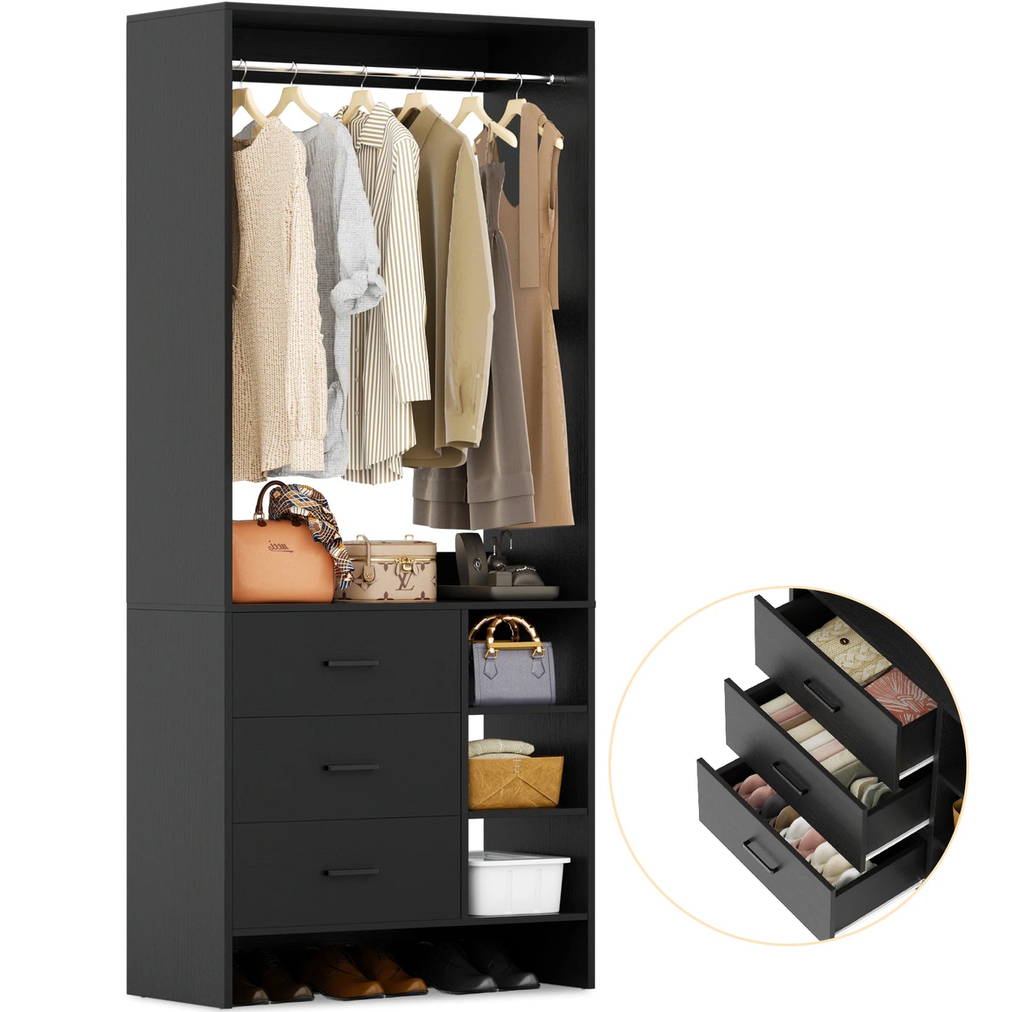 Aheaplus 2.5FT Wood Closet Organizer System with 3 Drawers 29.5'' Walk-in Or Small Closet Wardrobe with Clothes Rack And Hanging Rods