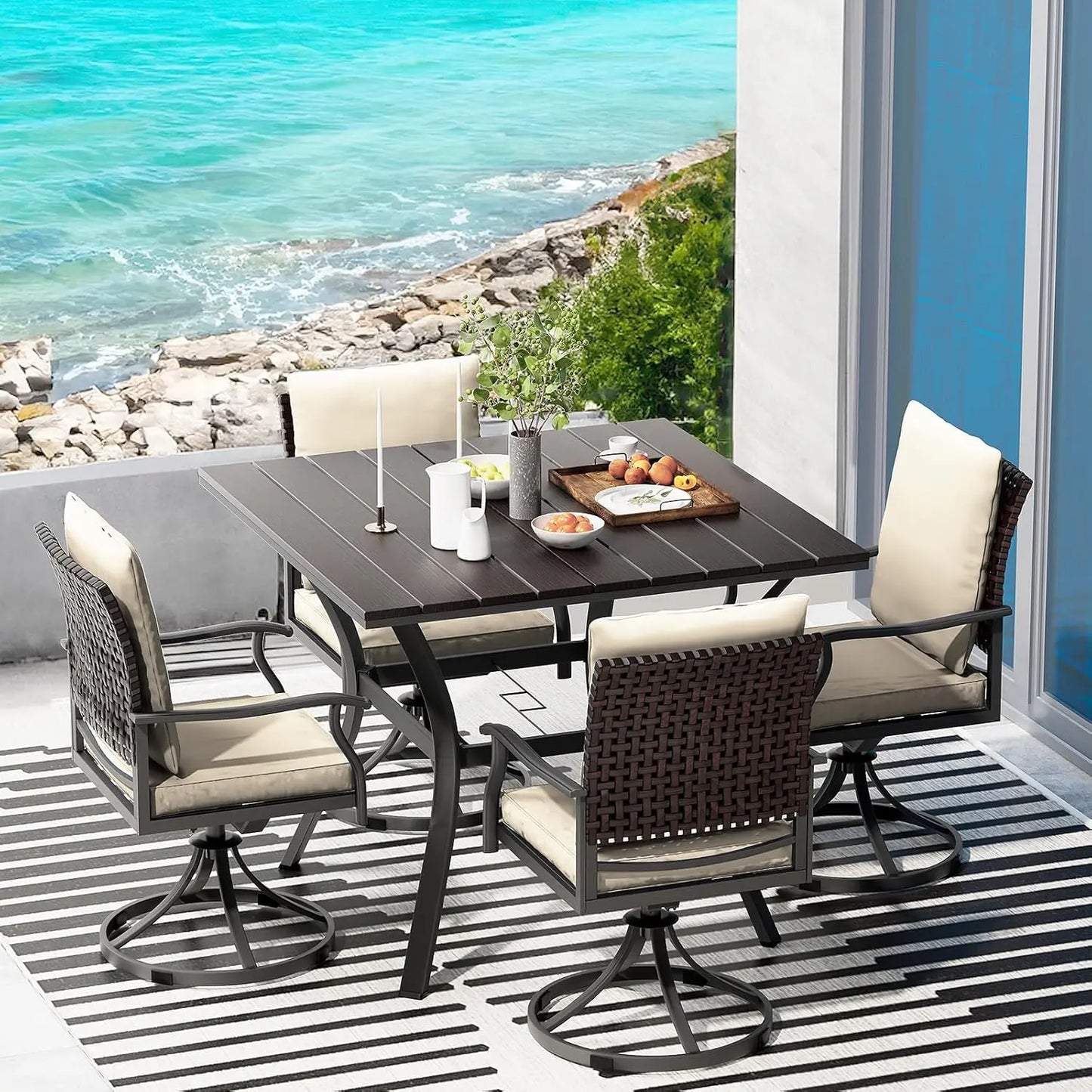 Outdoor 5 Piece Patio Dining Set With Swivel Chairs And Round Table