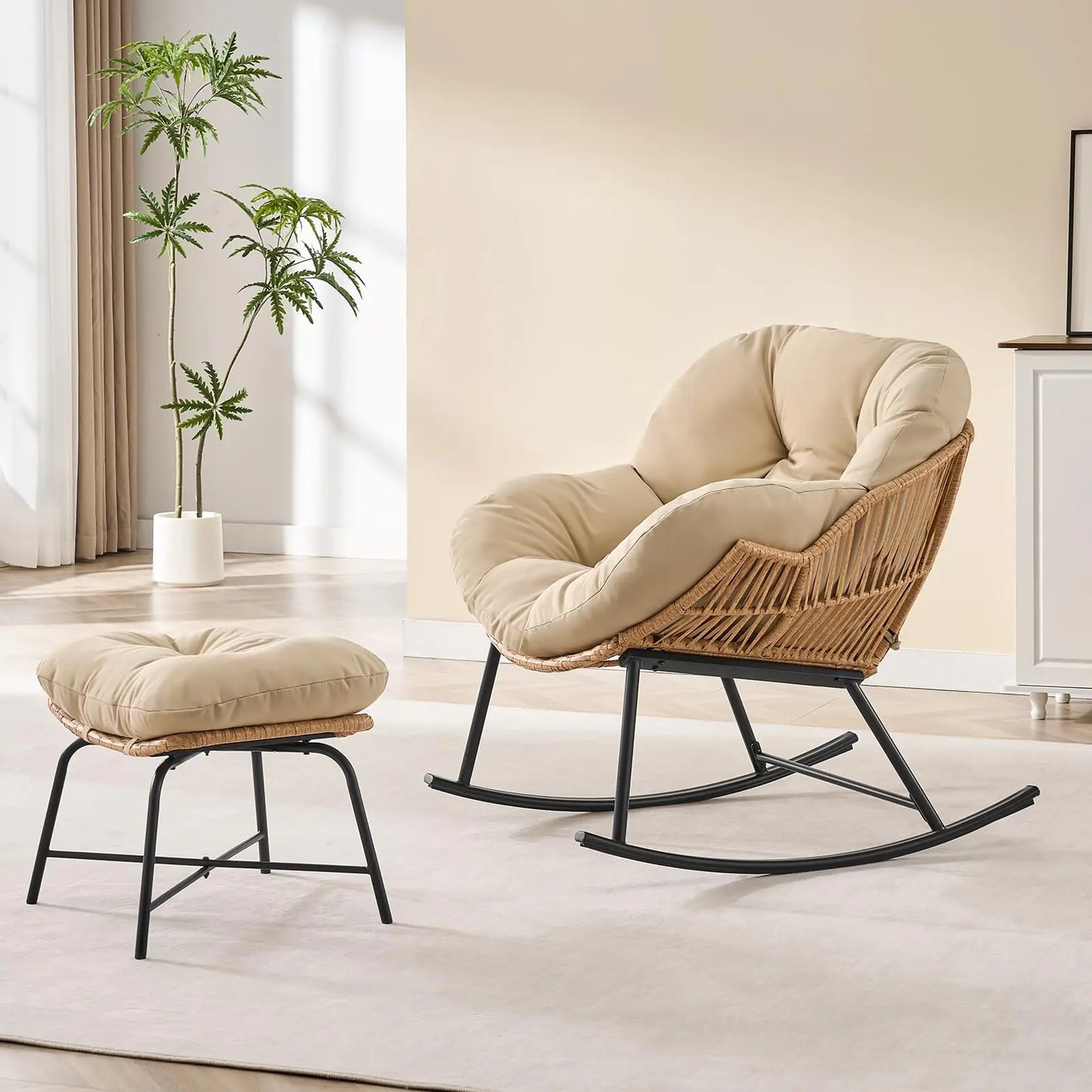 Papasan Rocking Chair with Ottoman, Oversized Wicker Rattan Egg Patio Chair Indoor Outdoor Lounge Rocker Chair for Garden