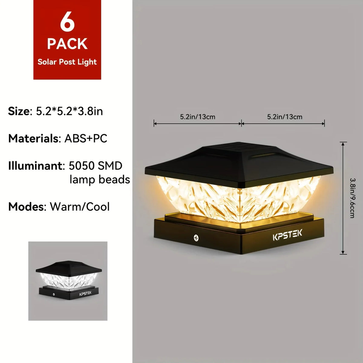 KPSTEK Solar Waterproof Outdoor Gate Fence Pillar LED Garden Lamp