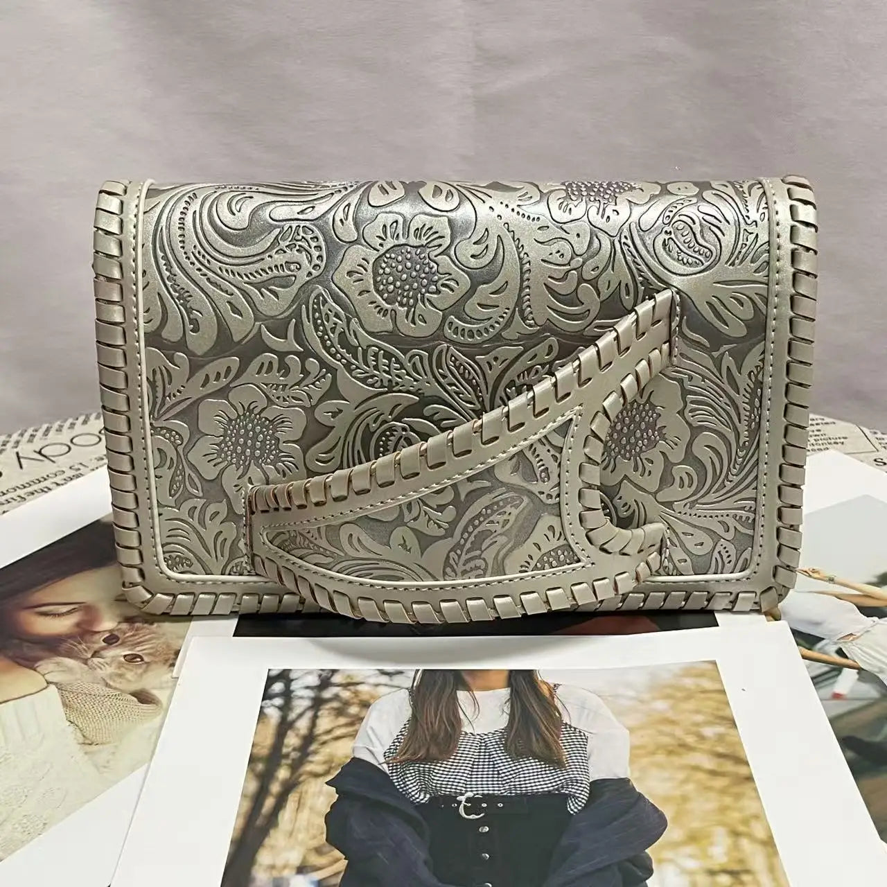 New Retro Pattern Printing Handbags Woman Soft Designer PU Leather Bags Luxury Small Handbags Silver Print Commuter Handbag