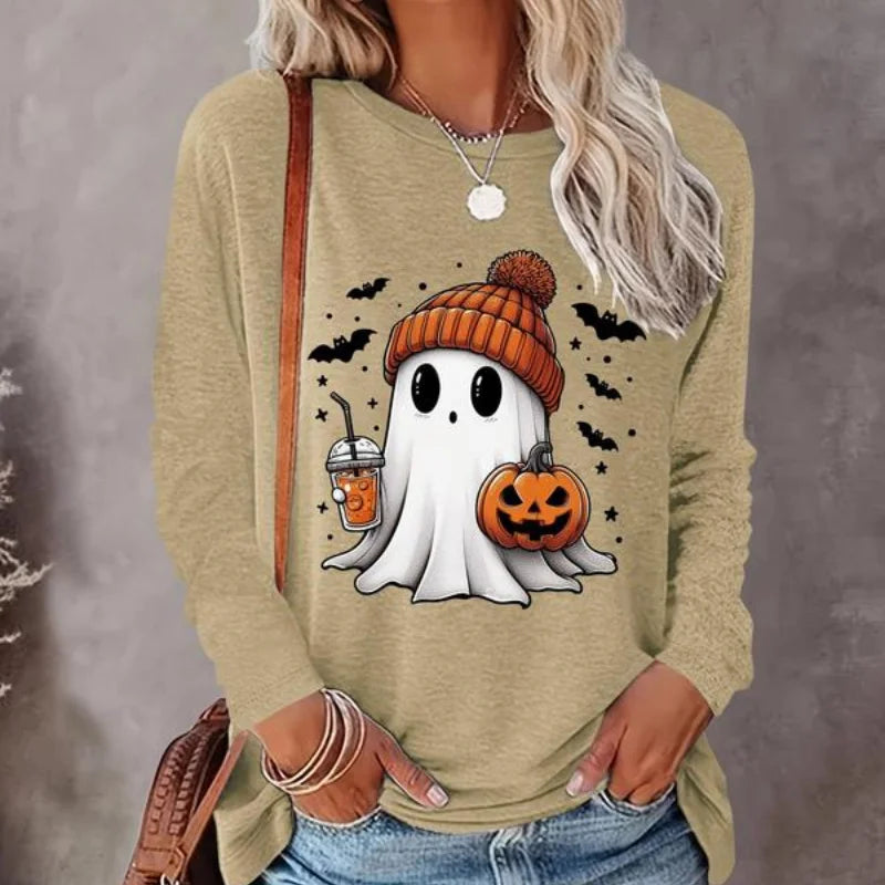 Casual Ghost Print Halloween Sweatshirt For Women Round Neck Pullover