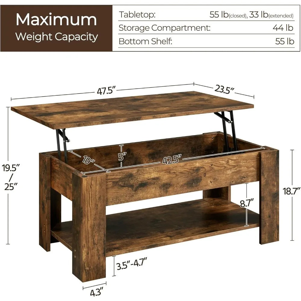 Coffee Table, 47.5in Lift top Coffee Table with Hidden Compartment and Storage Shelf, Lift Tabletop Dining Table