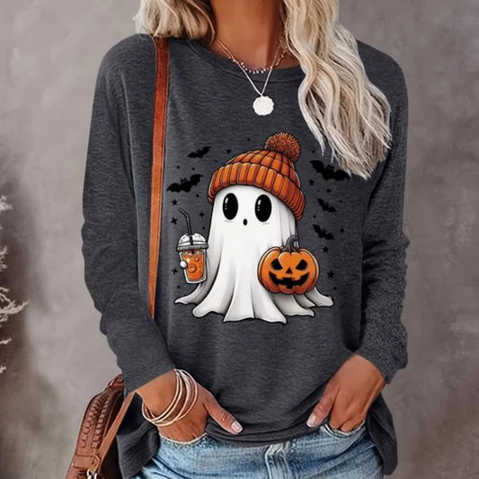 Casual Ghost Print Halloween Sweatshirt For Women Round Neck Pullover