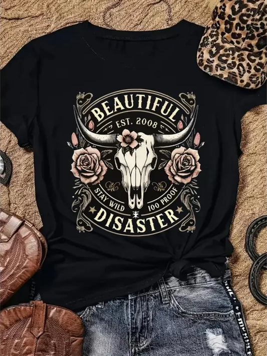 Women'S Western Cowboy Graphic T-Shirt Black Short Sleeve Crew Neck Top With Bull Skull & Floral Design Vintage 2008 Text Casual